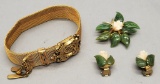 Nice Vintage Costume Mesh Slide Bracelet;     Circa 1960s Jade & Ivory Broo
