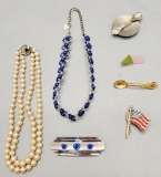 Estate Lot - Vintage Costume Jewelry Includes: Deco Chrome Brooch, Necklace