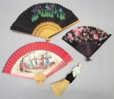 3 Vintage Folding Fans;     Half-Doll Whisk Broom