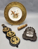 Estate Lot - Misc. Items Includes: Wood Whistle, 3 Horse Brasses On Leather