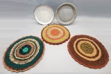 2 Old Enameled Granite Pans;     3 Vintage Woven Seat Pads