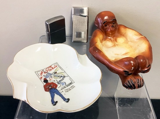Vintage 1960s La Potiniere Francais Ashtray;     Vintage Monkey Ashtray/Pip