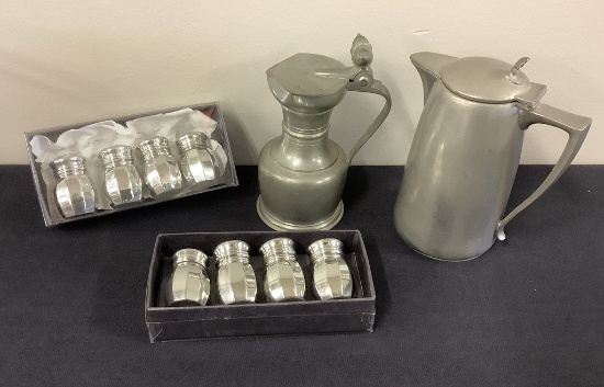 8 Pewter Shakers;     2 Pewter Covered Pitchers - Largest Is 5½"