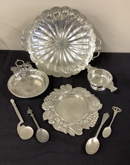 9¾" Raspberry Bowl - By Insico;    7 Pieces Misc. Pewter