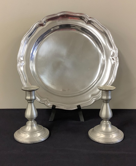 Large Wilton Armetale Platter - 14¼";     Pair Pewter Candlesticks - 6¼"