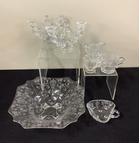 7 Pieces Rosepoint Crystal By Cambridge - Large Serving Bowl, Pair Candle D