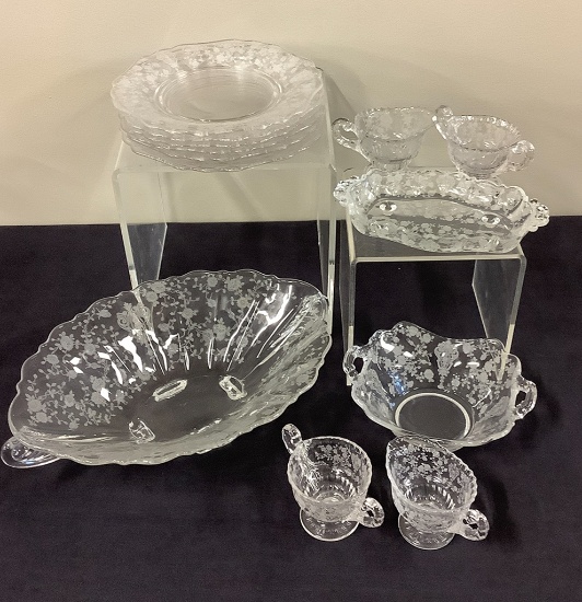 13 Pieces Rosepoint Crystal By Cambridge - 6 Plates, Oval Handled Bowl, Etc