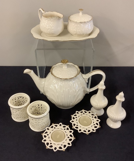 10 Pieces Lenox China - 11"x8" Teapot, Large Creamer & Sugar Bowl On Tray,
