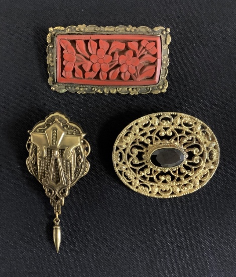 3 Vintage Brooches - 1 Is Carved Cinnabar