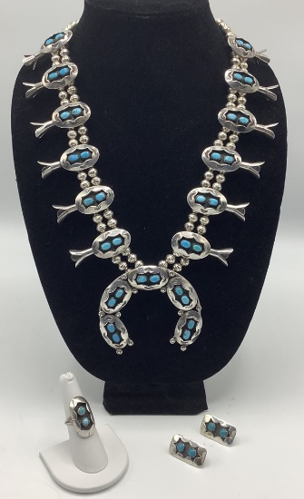 Navajo Sterling Silver & Turquoise Shadow Box Squash Blossom Necklace - 26"