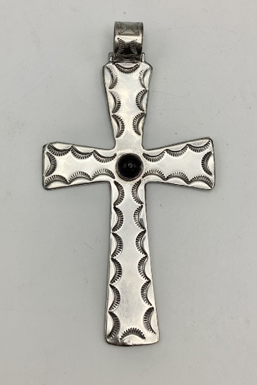 Navajo Sterling Stamped Cross Pendant W Onyx Cabochon - Signed R.J., 4¾" W/