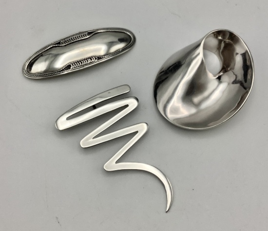 3 Sterling Modernist Brooches - Largest 2¾" (1.67 Ozt Total Weight)