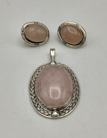 Rose Quartz Stone & Sterling Pendant - 2" X 1¼" & Earrings Marked H Wood (0
