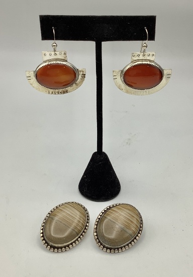 Pair Navajo Sterling Earrings - Jasper Cabochons;     Pair Navajo Sterling