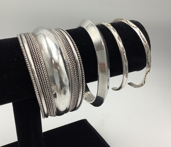 4 Sterling Cuff Bracelets - One Signed P Sanchez (3.21 Ozt Total Weight)