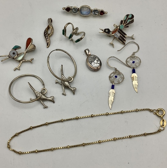 Misc. Sterling & Silver Pieces - 3 Pins, 2 Pendants, 2 Earrings, 1 Bracelet