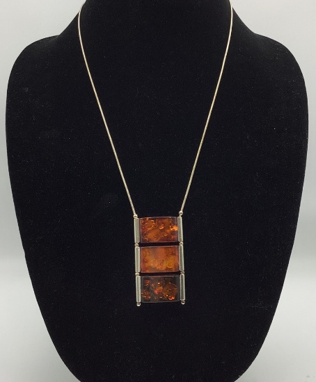 Sterling/Amber Necklace - 12" Drop (1.15 Ozt Total Weight)