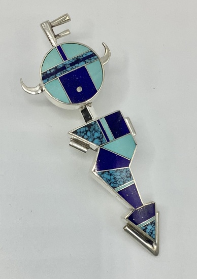Lapis & Turquoise Inlay Figure Pendant - 4¼", Marked With A Feathered " K"