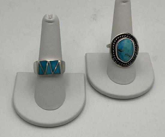 2 Sterling Turquoise Rings - Sizes 7.5, 11.5 (0.51ozt Total Weight)