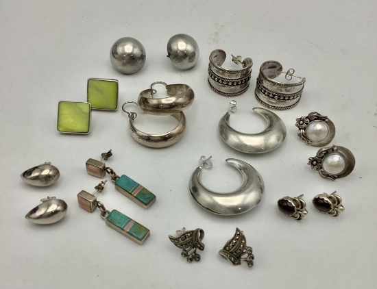 9 Pairs Sterling Earrings - Some W/ Stones (2.38 Ozt Total Weight)