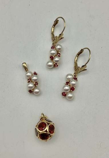 14kt Pearl/Ruby Earrings (3.9g Total Weight);     14kt Pendant (1.6g Total