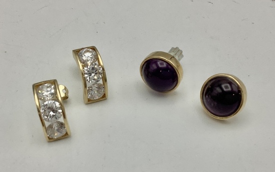 2 Pairs Earrings - 10kt Amethyst & 10kt CZ (7.1g Total Weight)