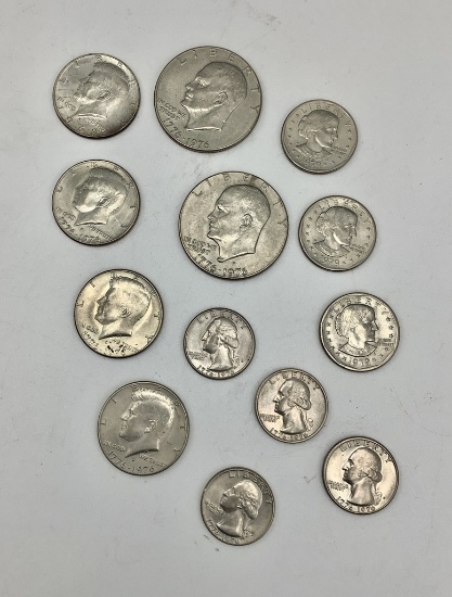 13 Coins: 2 Eisenhower Bicentennial Dollars, 3 Bicentennial Kennedy Half Do