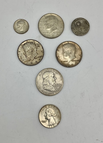 7 Coins: 3 1964-D Kennedy Half Dollars, 1960-D Franklin Half Dollar, 1964-D