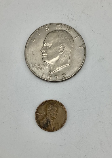 2 Coins: 1972-D Eisenhower Dollar, 1946-D Wheat Back Penny