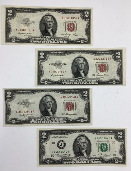 3 1953 Red Seal Two Dollar Bills - Uncirculated;     1 1976 Two Dollar Bill