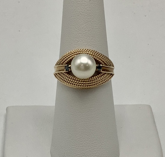 14kt Pearl & Sapphire Ring - Size 6½ (3.8g Total Weight)