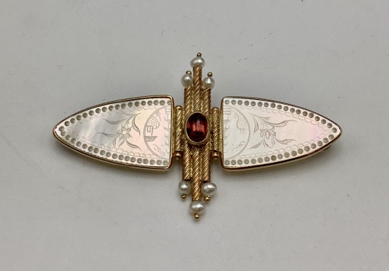 14kt Pin W/ Pearls & Garnets - 2½" (6.1g Total Weight)