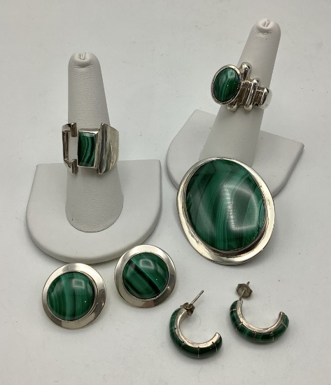 Malachite & Sterling - Includes: 2 Rings - Size 7 & 9, 2 Pair Earrings, 1 2