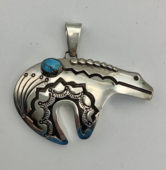 Sterling Bear Fetish Pendant With Turquoise (0.92 Ozt Total Weight)