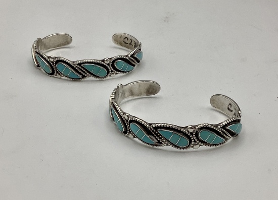 2 L. & J. Salvador Zani New Mexico Sterling & Turquoise Inlay Cuff Bracelet