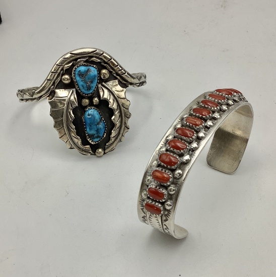 2 Sterling Cuff Bracelets - One Turquoise & One Coral (1.84 Ozt Total Weigh