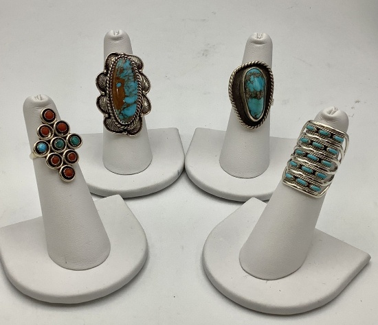 4 Navajo Turquoise Rings - Sizes 7, 6½, 5½ & 4 (1.15 Ozt Total Weight)