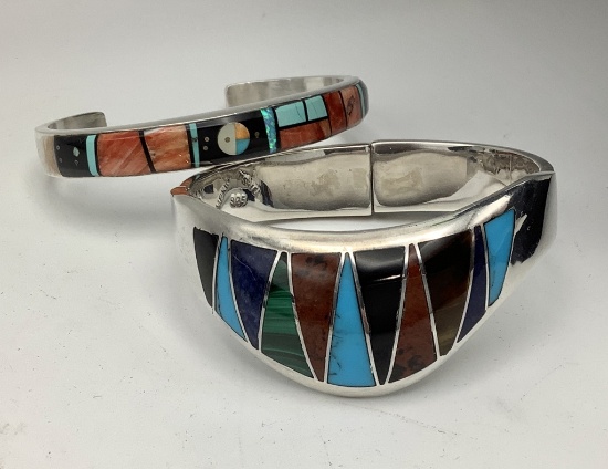 Gemstone Inlay Sterling Cuff Bracelet - Marked Mexico (1.18 Ozt Total Weigh