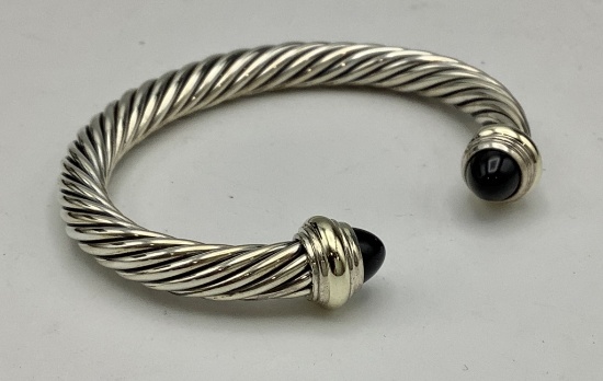 David Yurman 925 & 14kt Classic Twisted Cable Cuff Bracelet W/ Onyx Caps (1