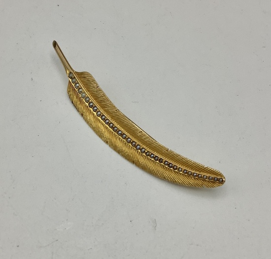 14kt Feather Pin W/ Pearls - 2¼" (3.8g Total Weight)