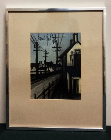 Bernard Buffet (1928-1999} Color Lithograph, View Of Village, Framed W/ Gla