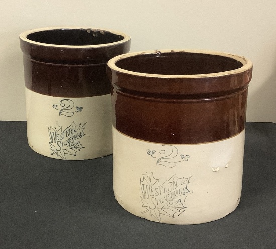 2 Brown & White 2 Gallon Western Stoneware Crocks