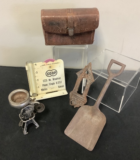 Vintage Receipt Spike;     Leather Case;     Coop Thermometer;     Metal Ch