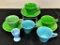 Vintage Fiesta - Homer Laughlin Harlequin, 3 Green Cups & Saucers, 2 Blue C