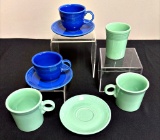 Vintage Fiesta - 4 Pieces Green, 2 Blue Cups & Saucers