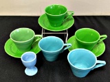 Vintage Fiesta - Homer Laughlin Harlequin, 3 Green Cups & Saucers, 2 Blue C