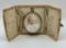 Antique English Hand Painted Portrait In Oval Brass Frame W/ Original Leath