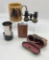 Set Old Binoculars In Leather Case;     Leather Covered Flask;     English