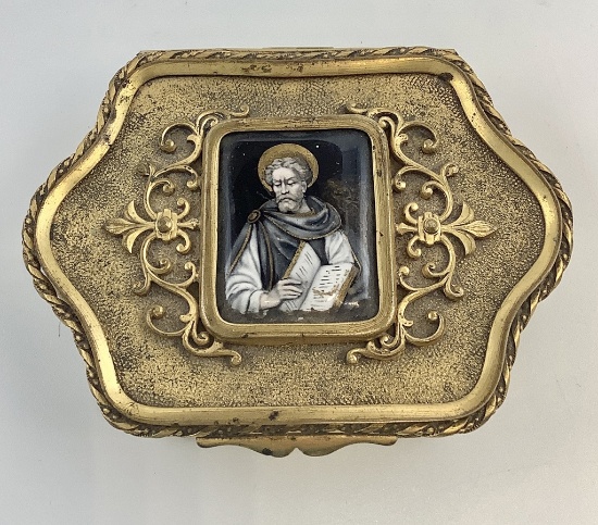 Antique Bronze & Enameled Box W/ Hinged Lid & Religious Portrait In Top - 3