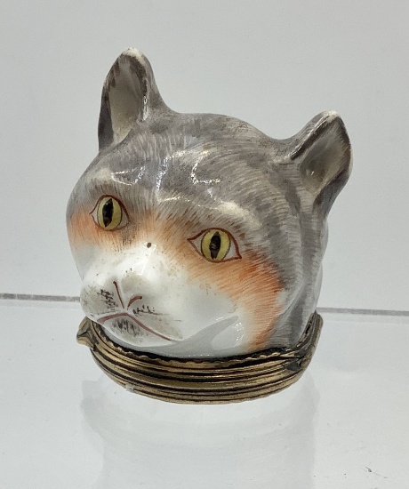 Antique Battersea Type Porcelain Snuff Box - Circa 1800s, Shape Of Cat's He